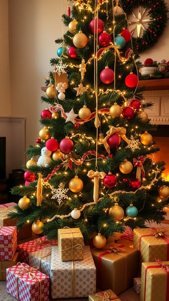 A decorated Christmas tree with gifts underneath, creating a festive holiday atmosphere.